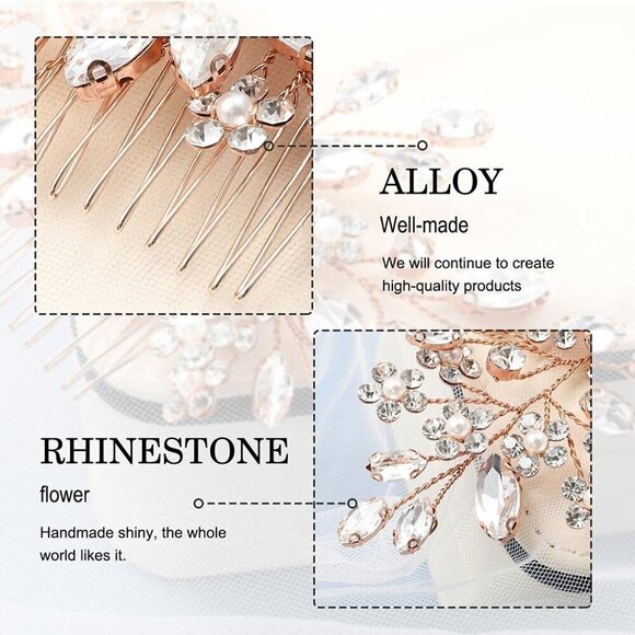 ?Women Gold Flower Crystal Hair Comb Accessories with Pearl Side Comb Headpiece main image 7